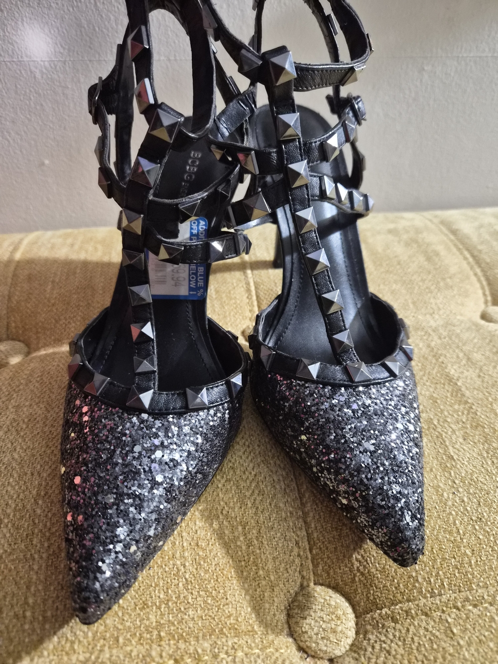 BCBGeneration Black Glitter Pointed Studded T-Strap Heels